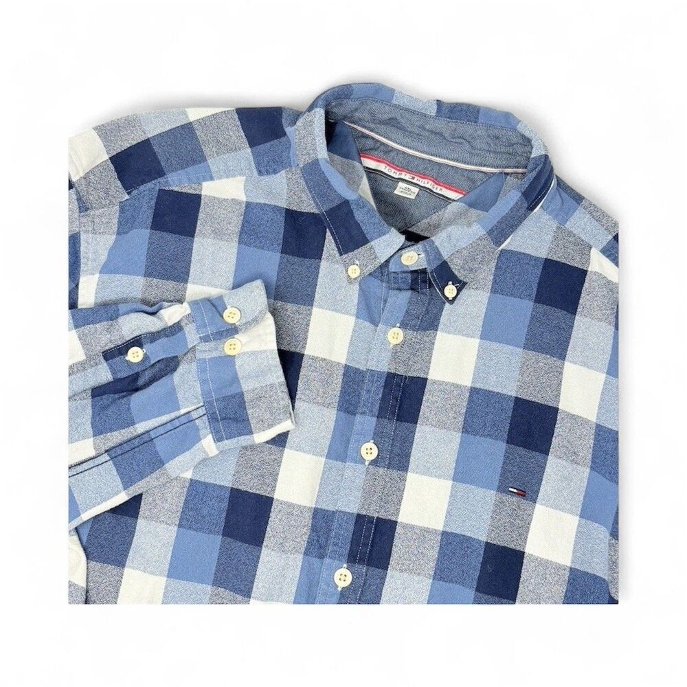 Tommy Hilfiger Men's XXL Blue White Plaid Light Flannel Long‎ Sleeve 100% Cotton
